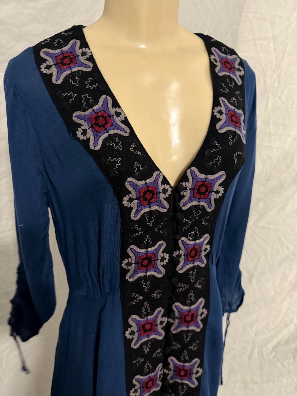 Free People Journey To Horizon maxi embroidered  v neck dark blue dress modest 6 - Picture 7 of 13